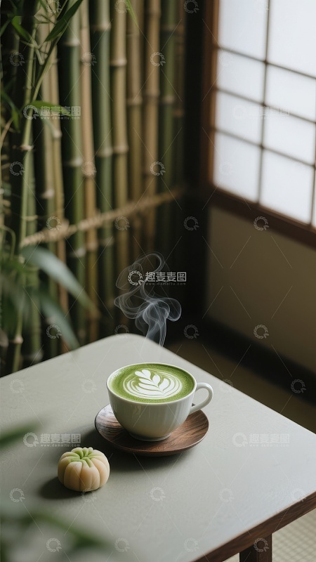 热气腾腾的抹茶与竹林背景