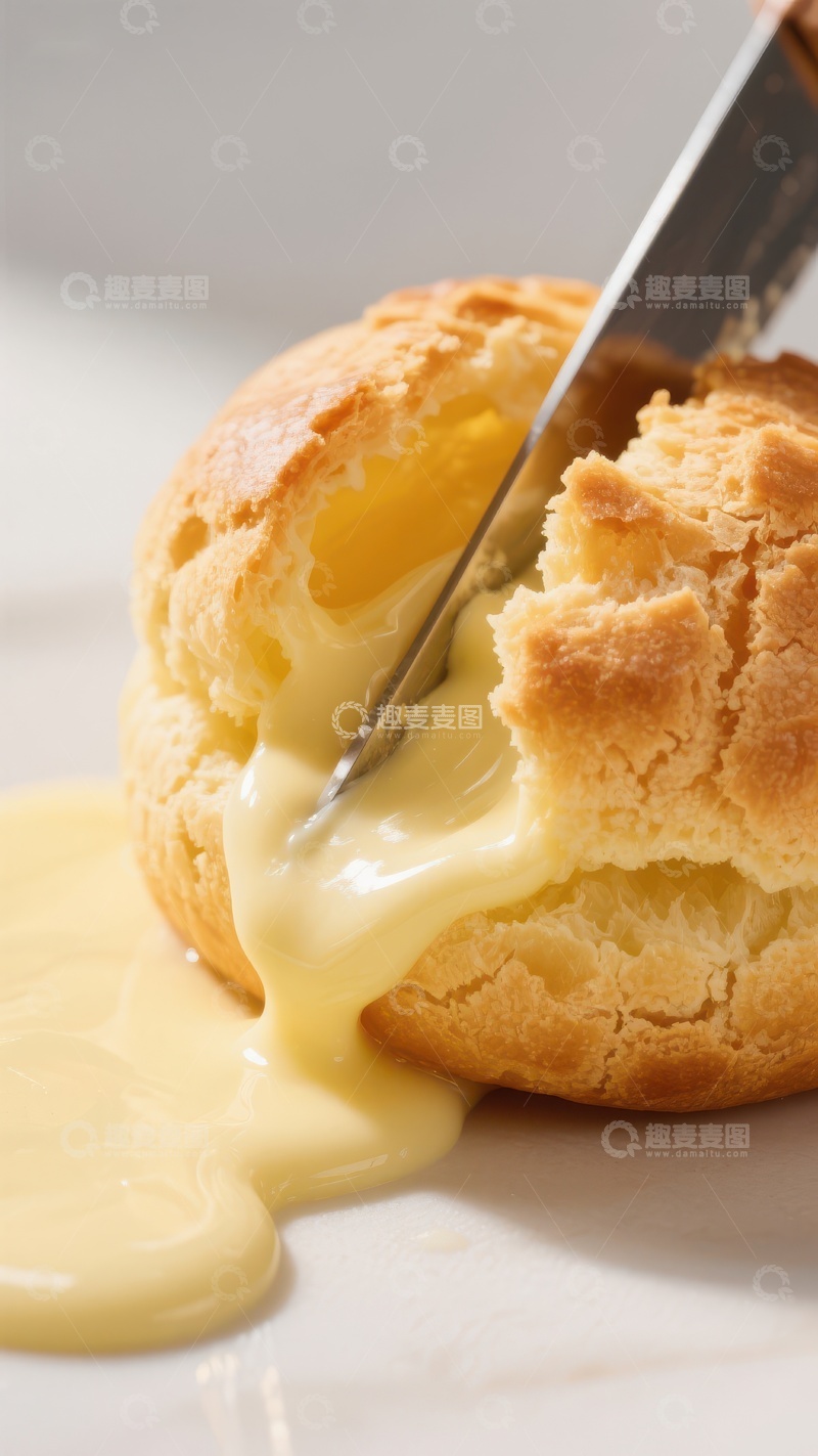 高清大图下载【趣麦麦图】奶油泡芙切开，蛋奶酱流出