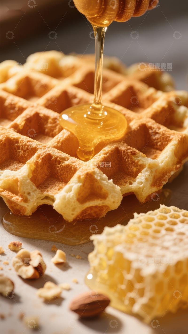 高清大图下载【趣麦麦图】蜂蜜浇灌在金黄松脆的华夫饼上