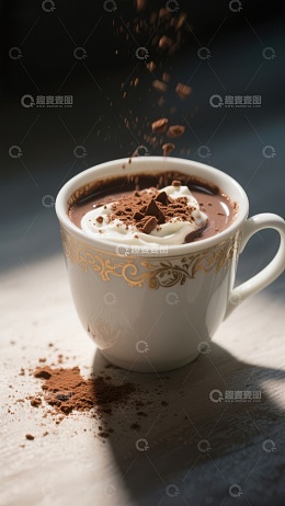 热巧克力撒上可可粉的瞬间