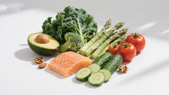新鲜蔬菜与三文鱼食材摆拍
