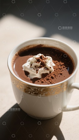 热巧克力配奶油，洒上可可粉