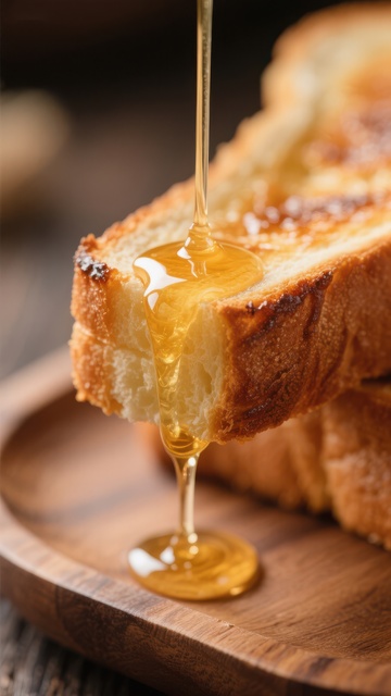 蜂蜜缓缓滴落于金黄吐司之上