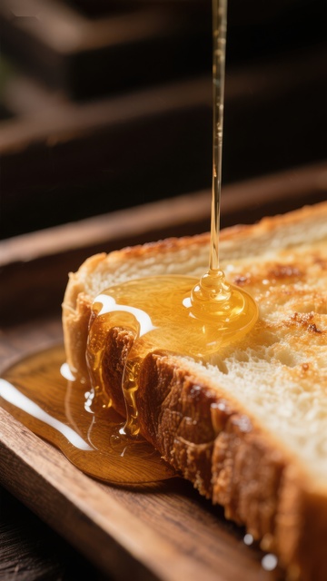 蜂蜜缓缓浇在烤面包上