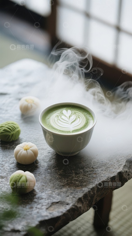 热气腾腾的抹茶拿铁与甜点
