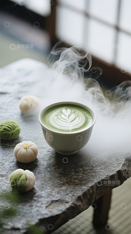 热气腾腾的抹茶拿铁与甜点