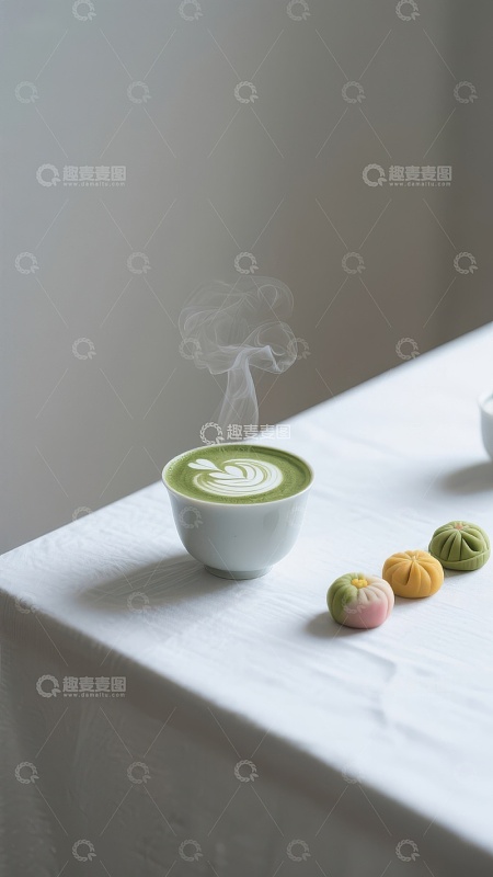 热气腾腾的抹茶与彩色点心