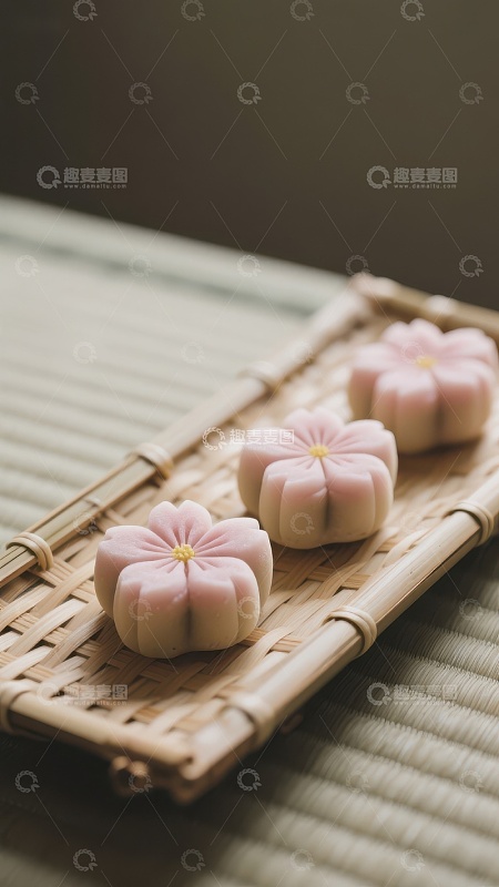精致樱花糕点置于竹编托盘