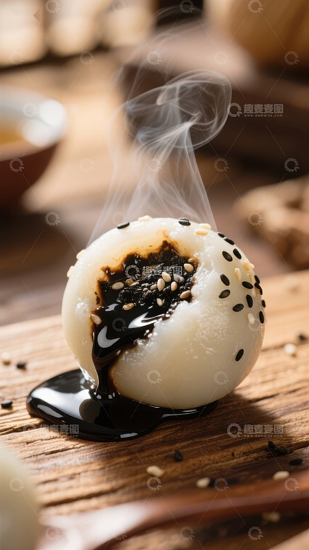 热腾腾的汤圆淋上芝麻酱