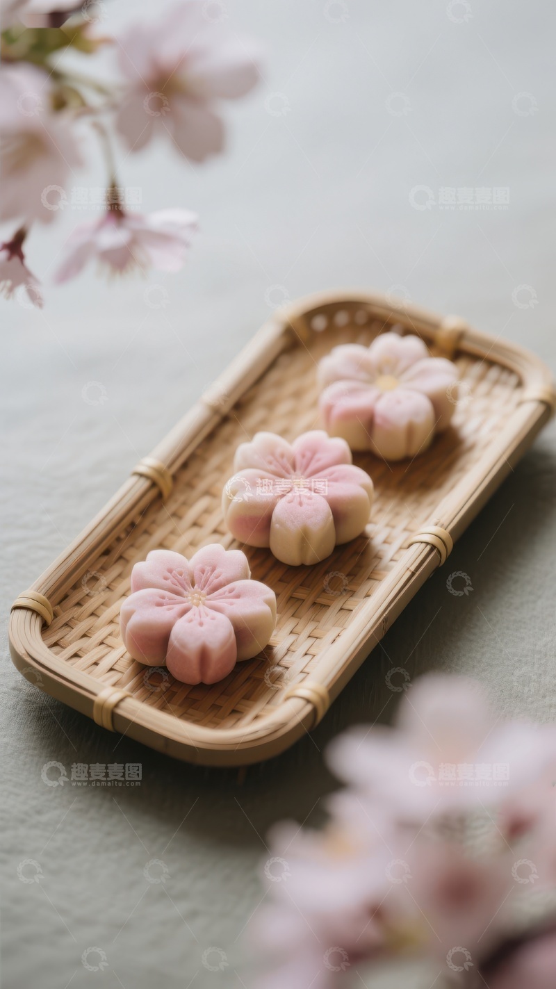 高清大图下载【趣麦麦图】樱花造型糕点置于竹编托盘