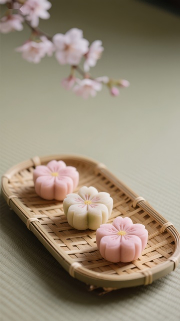 樱花造型和果子置于竹篮中