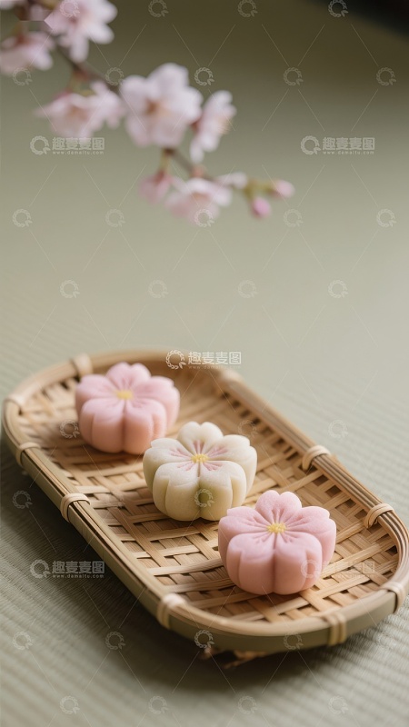 樱花造型和果子置于竹篮中