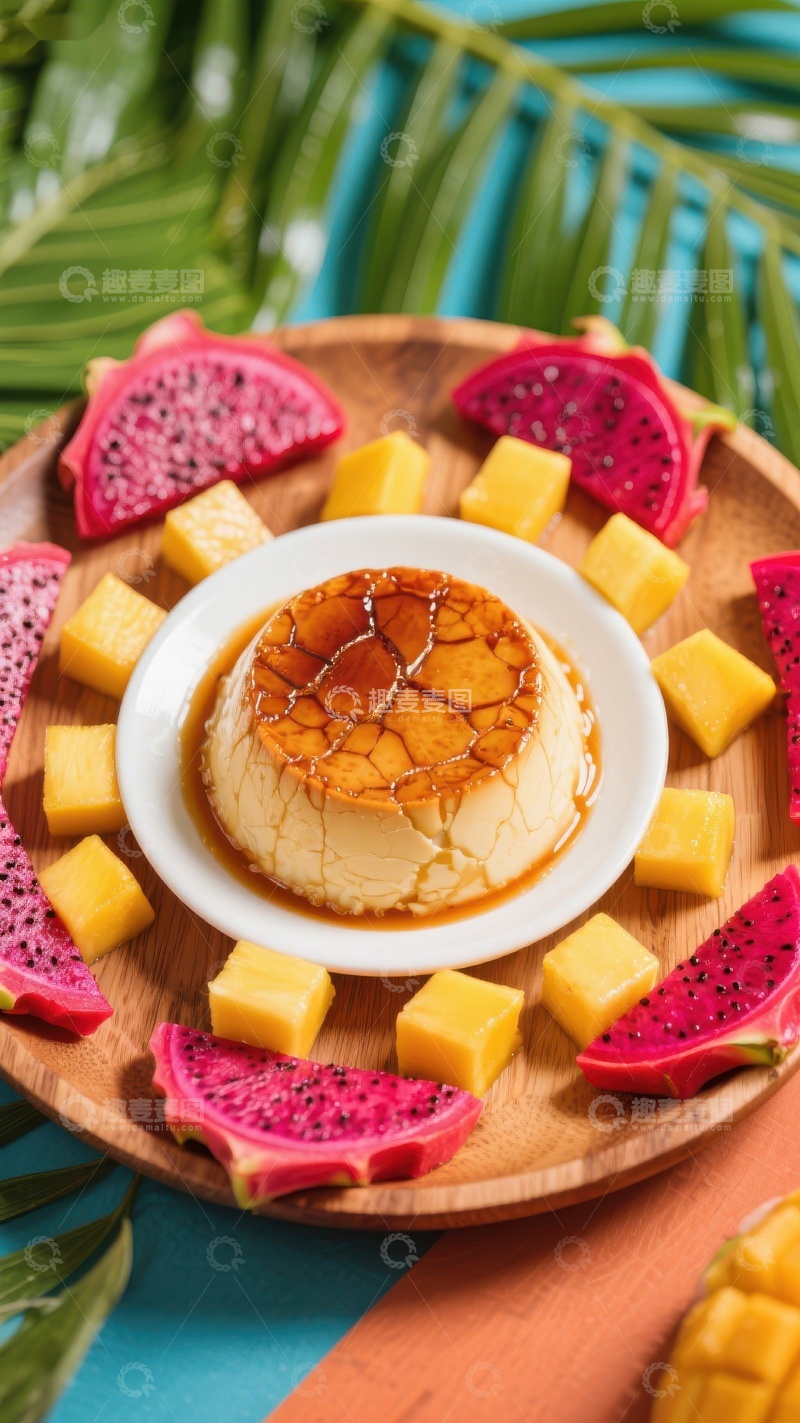高清大图下载【趣麦麦图】焦糖布丁配火龙果与芒果