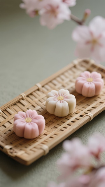 樱花造型和果子置于竹编托盘
