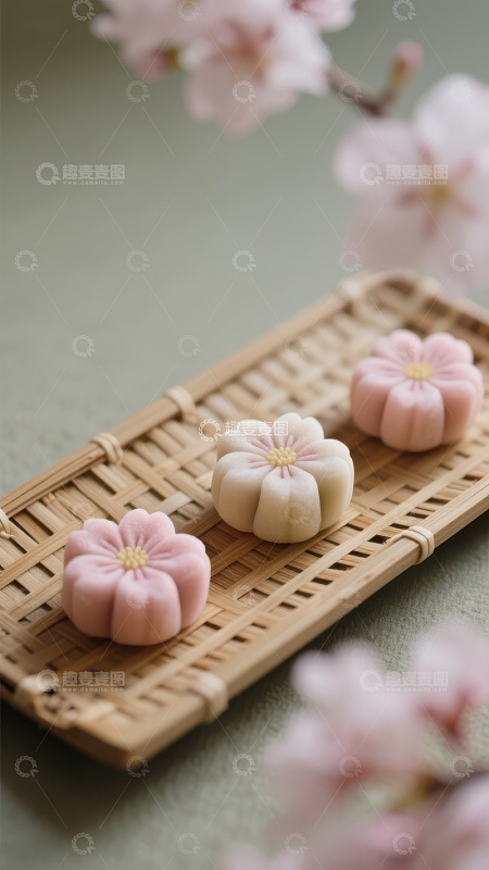 樱花造型和果子置于竹编托盘