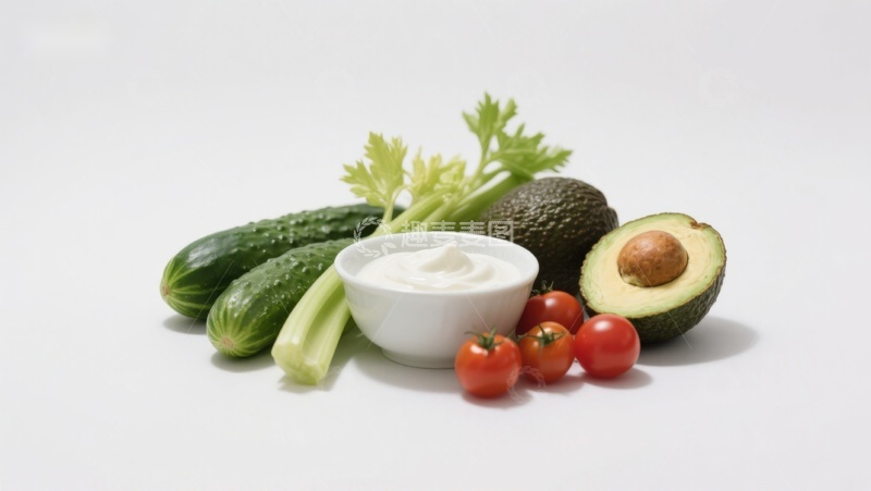 高清大图下载【趣麦麦图】新鲜蔬菜与酸奶搭配展示