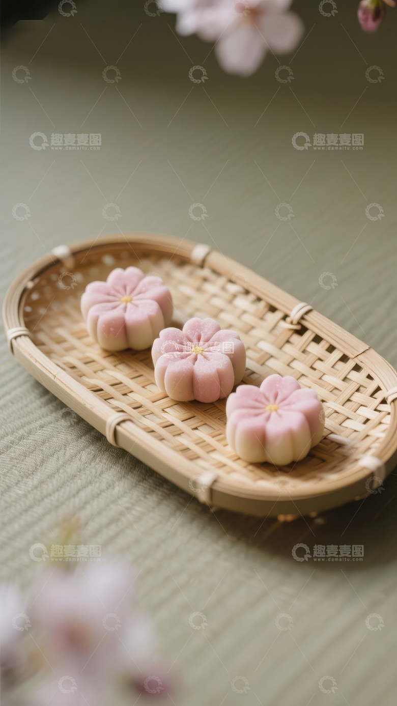 精致樱花糕点置于竹编托盘