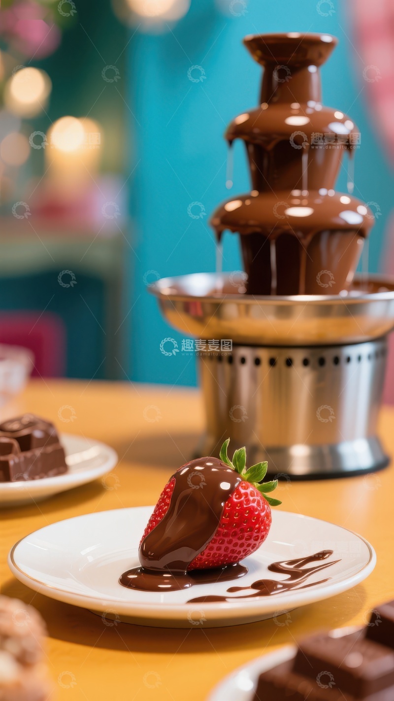 高清大图下载【趣麦麦图】巧克力喷泉与草莓甜点