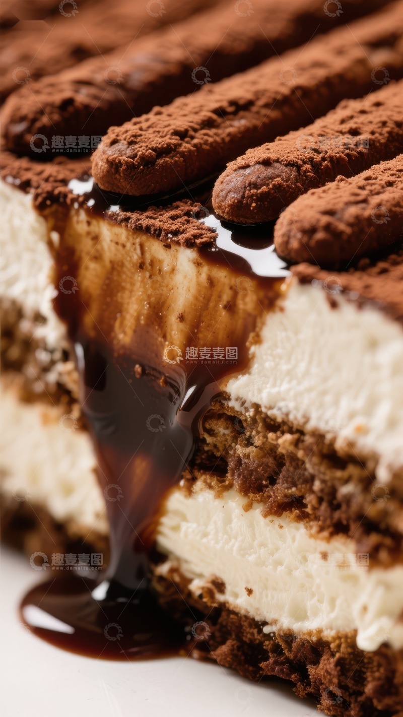 高清大图下载【趣麦麦图】提拉米苏蛋糕切片，巧克力酱流淌