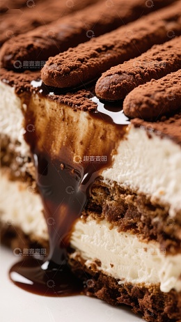 提拉米苏蛋糕切片，巧克力酱流淌