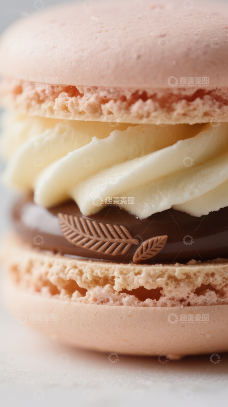 高清大图下载【趣麦麦图】粉色马卡龙夹心巧克力奶油特写