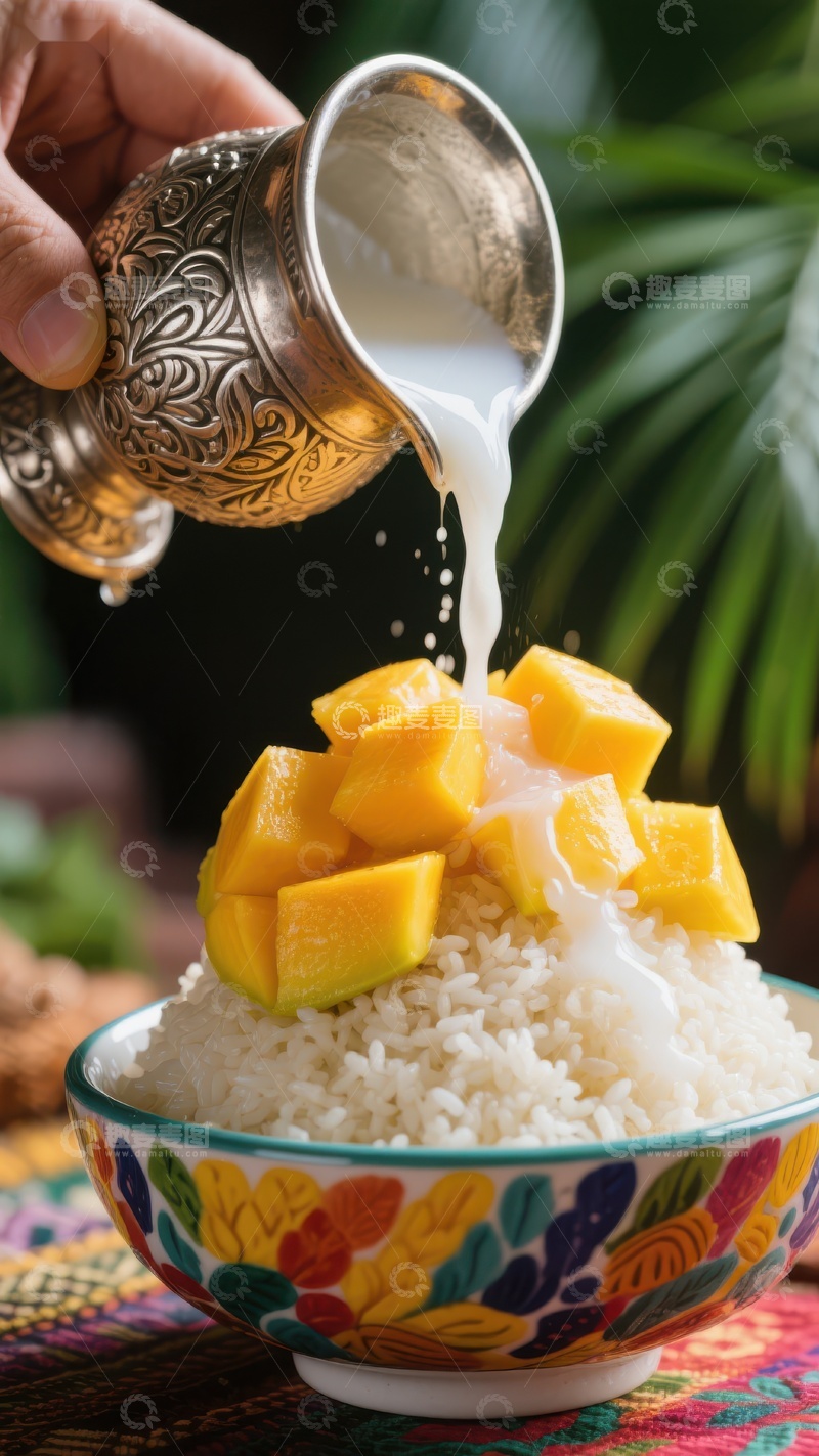 高清大图下载【趣麦麦图】芒果糯米饭浇牛奶，传统美食