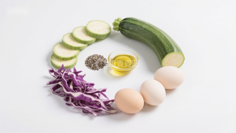 高清大图下载【趣麦麦图】食材摆盘：西葫芦、鸡蛋与紫甘蓝