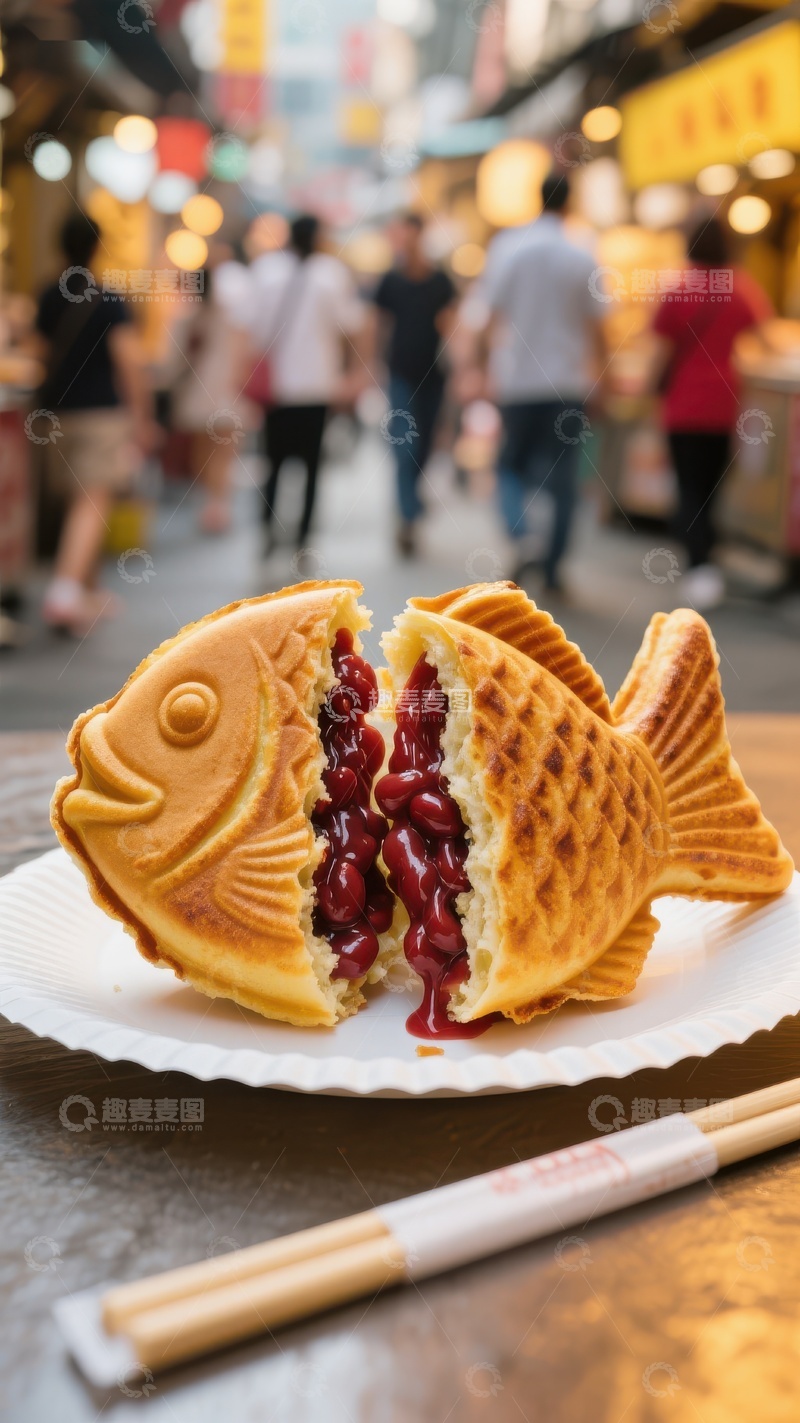 高清大图下载【趣麦麦图】鱼形饼夹红豆馅，夜市美食特写