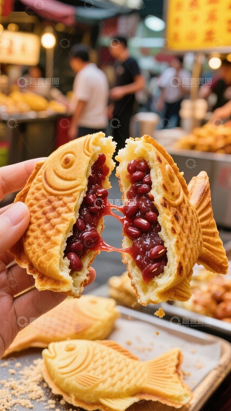 鱼形饼夹红豆馅，夜市美食诱人