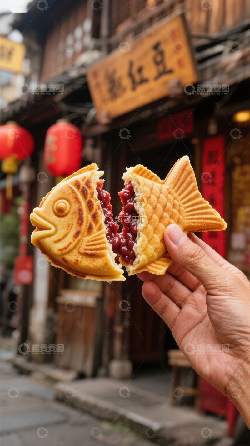 高清大图下载【趣麦麦图】手持鱼形糕点，背景古街灯笼