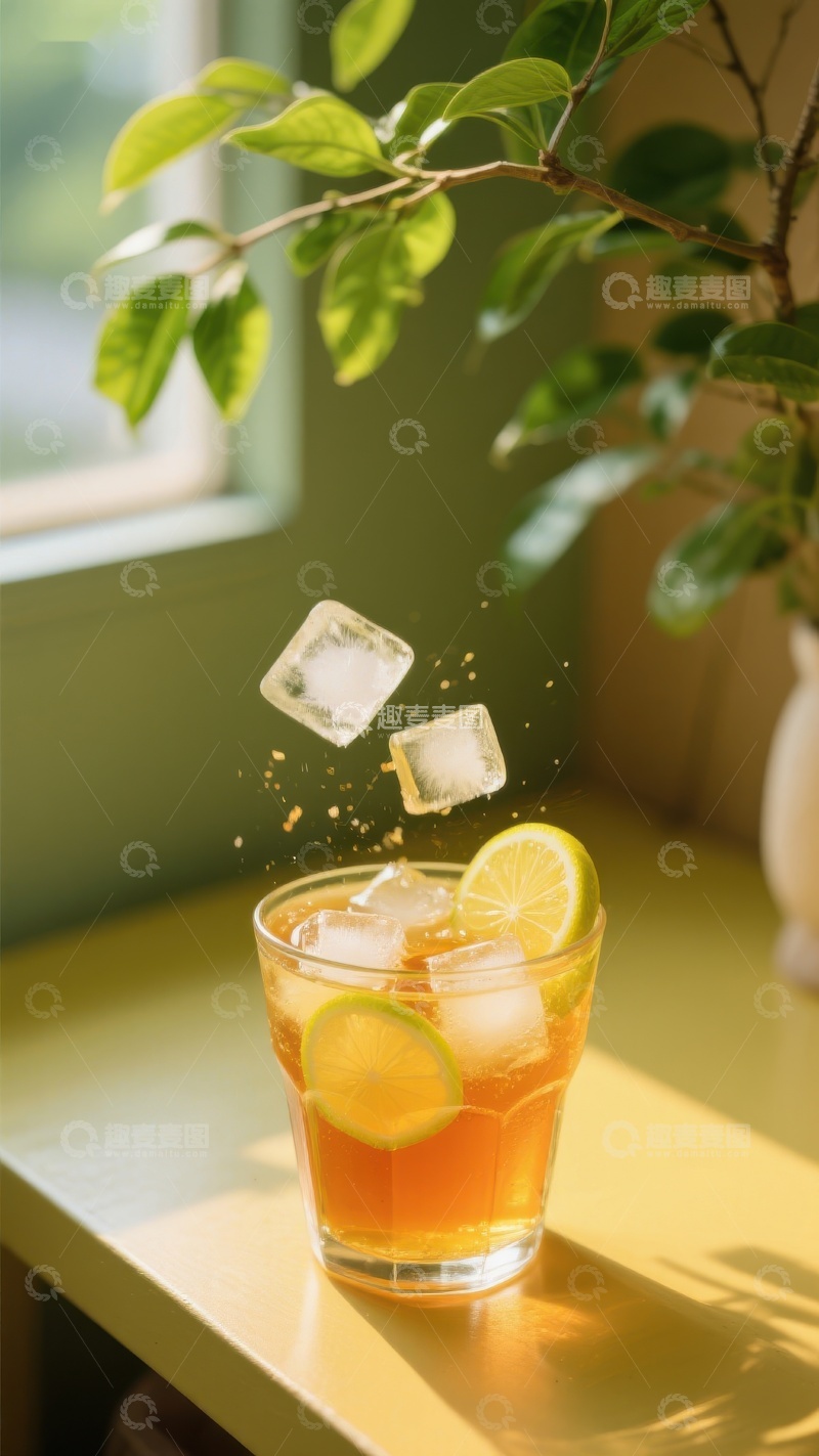 高清大图下载【趣麦麦图】冰块落入柠檬茶的瞬间