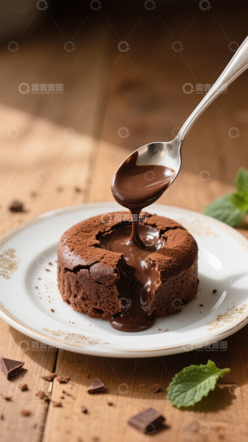 高清大图下载【趣麦麦图】巧克力熔岩蛋糕，勺子舀出浓郁流心
