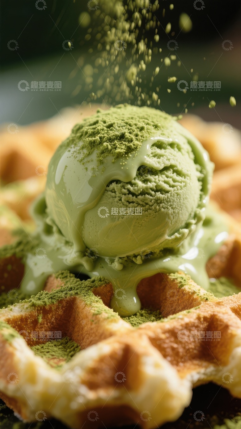 抹茶冰淇淋点缀在华夫饼上