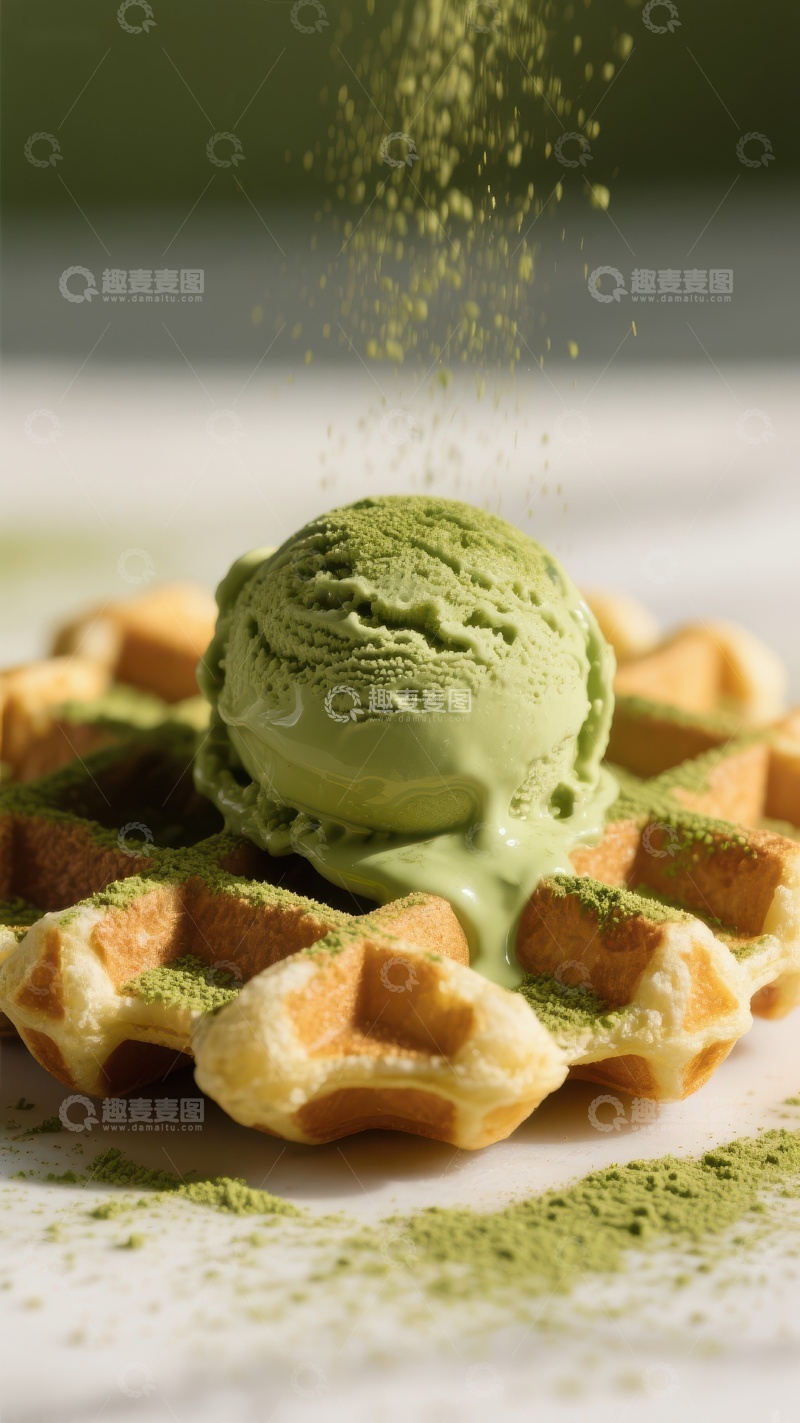 高清大图下载【趣麦麦图】抹茶冰淇淋搭配华夫饼