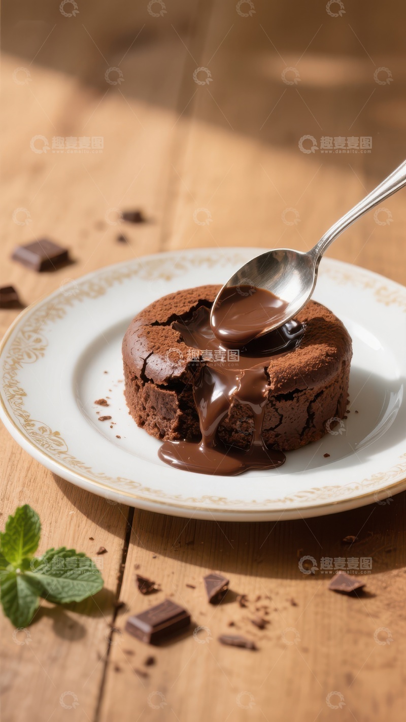 高清大图下载【趣麦麦图】巧克力熔岩蛋糕，勺子舀取流动的巧克力酱