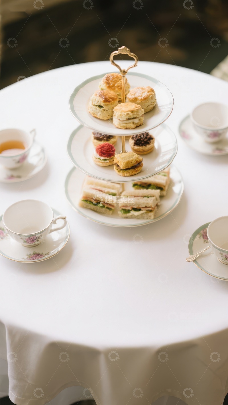 高清大图下载【趣麦麦图】三层点心架上的精致下午茶