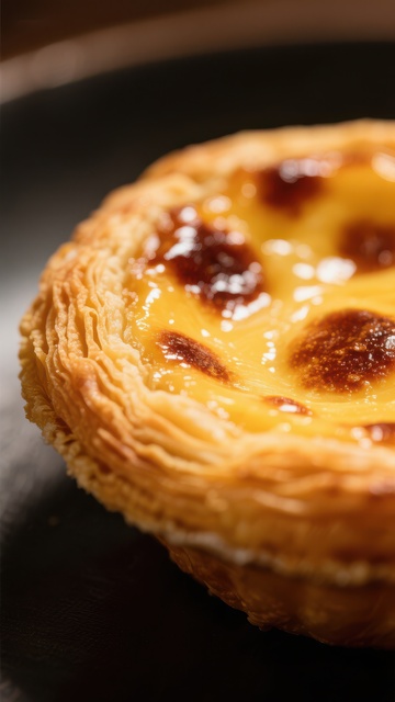 金黄蛋挞特写，酥皮与蛋液完美融合