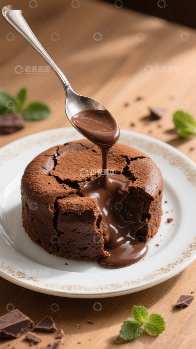 高清大图下载【趣麦麦图】巧克力熔岩蛋糕，勺子舀出浓郁流心