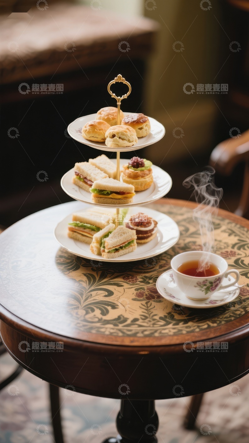 高清大图下载【趣麦麦图】三层点心架与热茶的优雅下午茶