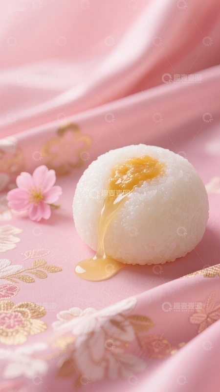 糯米团子淋蜂蜜，粉色布料衬托