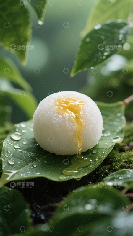 糯米团子淋蜂蜜，绿叶承托显清新