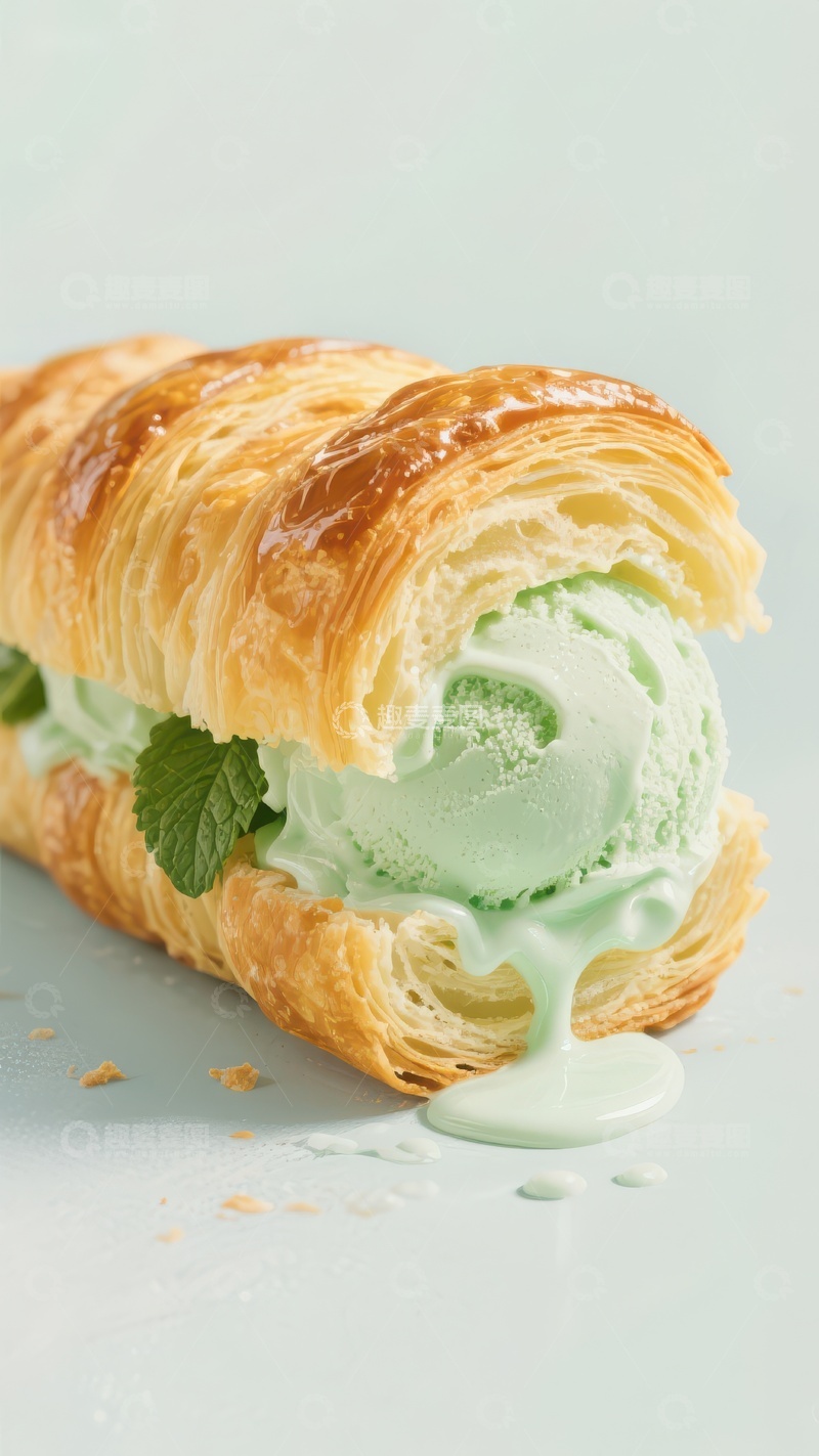 高清大图下载【趣麦麦图】酥皮夹心冰淇淋，绿色奶油融化