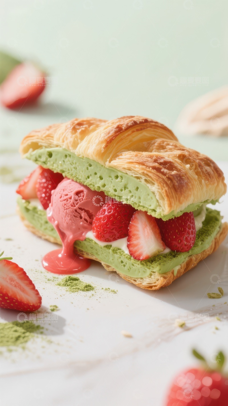 高清大图下载【趣麦麦图】草莓抹茶奶油可颂三明治