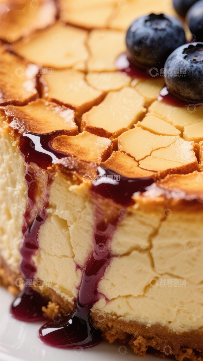 高清大图下载【趣麦麦图】蓝莓酱淋面的裂纹芝士蛋糕