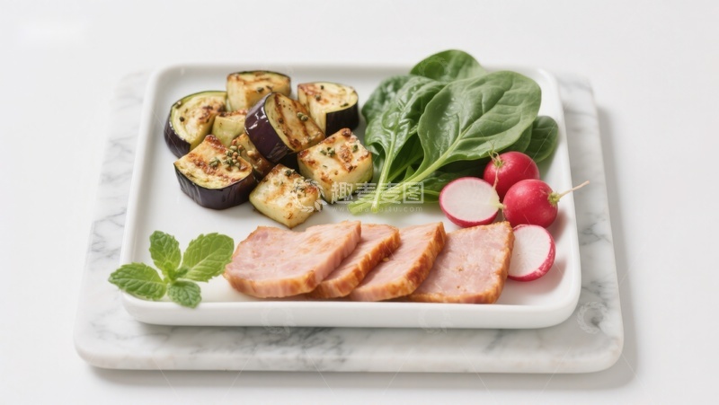 高清大图下载【趣麦麦图】盘中烤茄子配火腿与蔬菜