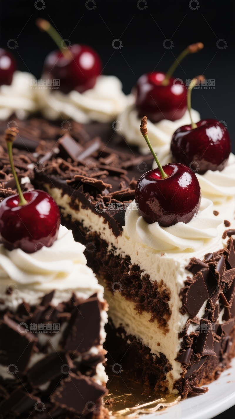 高清大图下载【趣麦麦图】黑森林蛋糕切片，樱桃奶油装饰