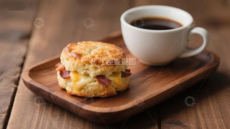 高清大图下载【趣麦麦图】早餐组合：奶酪培根饼干配黑咖啡