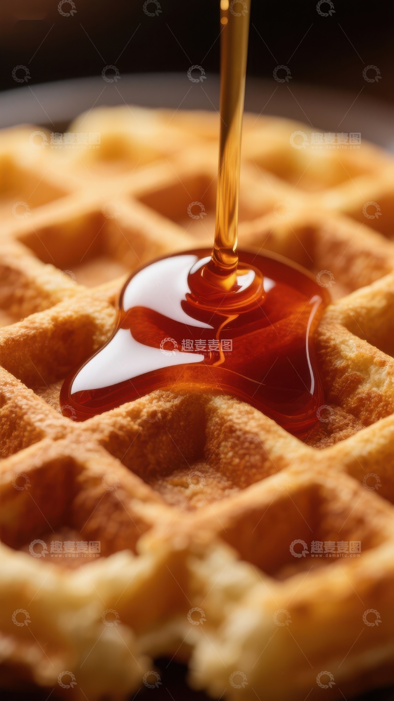 高清大图下载【趣麦麦图】蜂蜜缓缓浇在金黄松软的华夫饼上