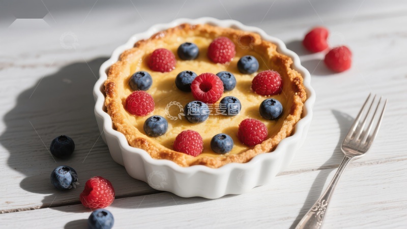 高清大图下载【趣麦麦图】新鲜水果挞，点缀蓝莓与覆盆子