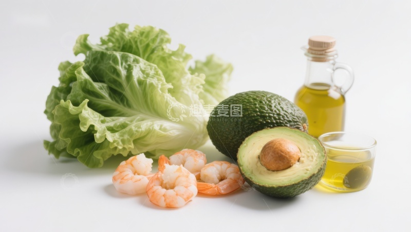高清大图下载【趣麦麦图】新鲜食材组合：虾仁、牛油果与生菜